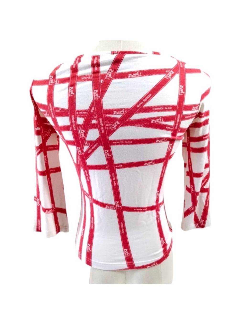 VINTAGE HERMES Red & White Grid-Print Scoop Neck Top Size S - Picture 6 of 11